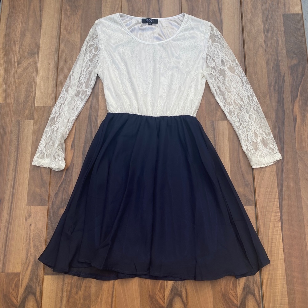 ABODY white blue girls long lace sleeve dress